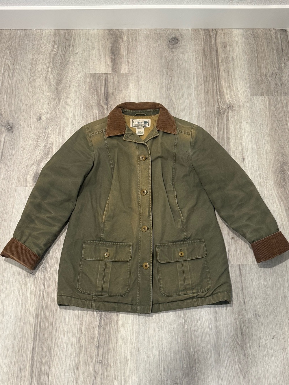 Vintage L.L. Bean Olive Green Barn Jacket with Corduroy and Quilted Interior